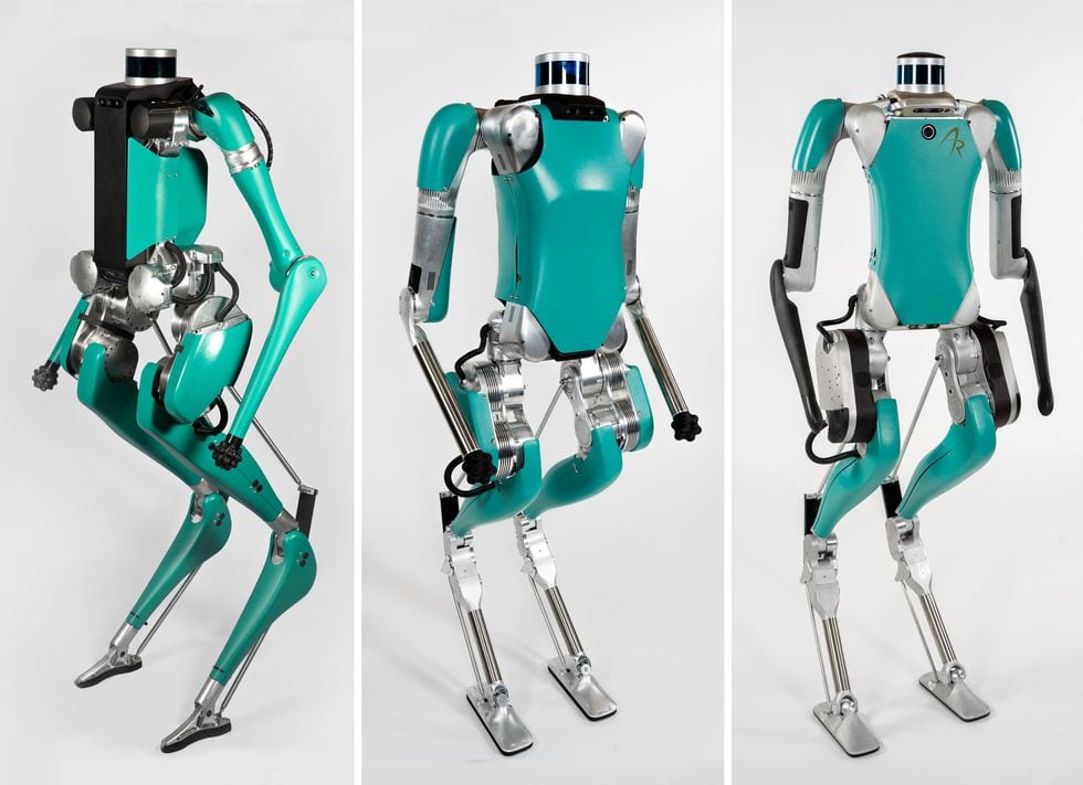 A series of images showing three headless humanoid robots with each one getting somewhat bulkier and less graceful.