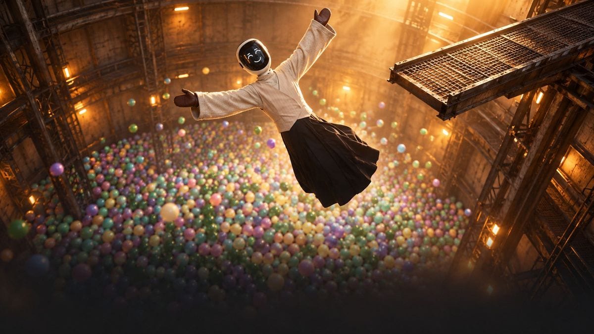 An AI generated image of a smiling humanoid robot in robe free-falls into deep pit filled with colorful balls