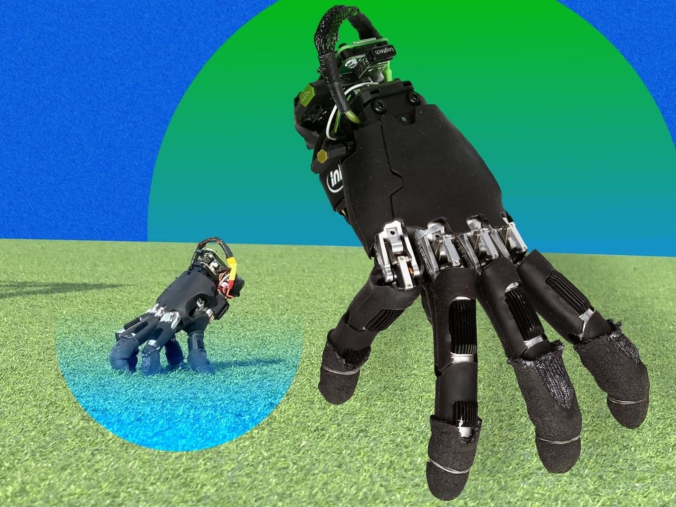 A detached robotic hand using its five fingers to walk.