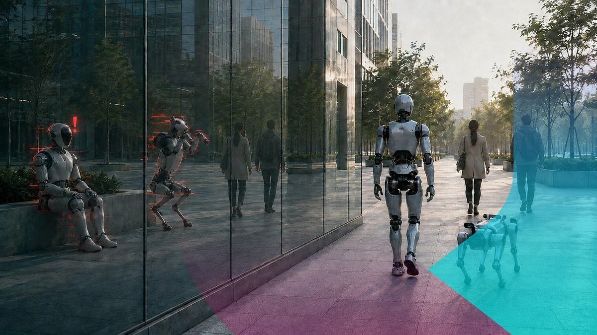 Humanoid robots and people walking through a modern city street with glass buildings.