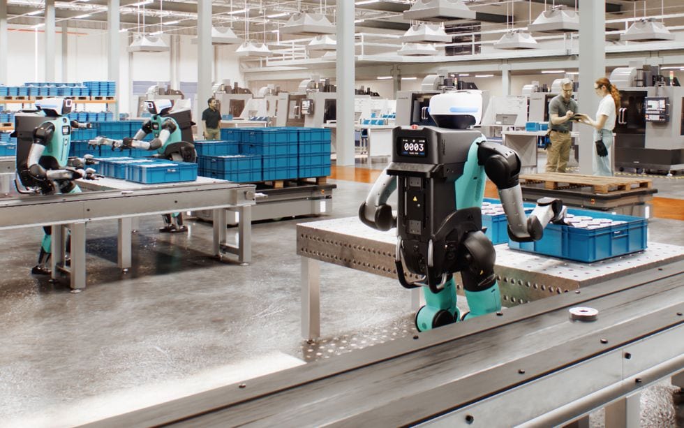 An illustration of humanoid robots working in a warehouse with humans in the distance.