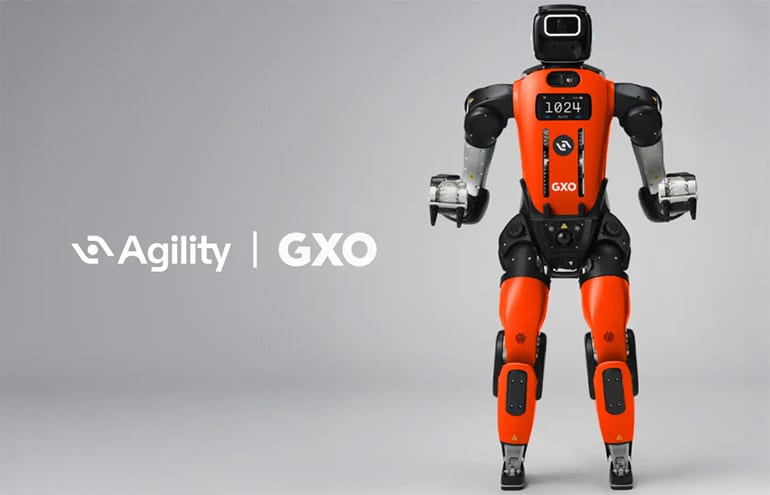 Logos of Agility Robotics and GXO Logistics superimposed over a humanoid robot.