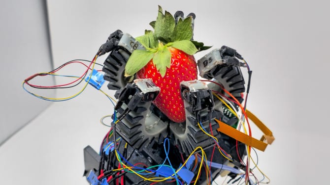 Soft robot gripper judges strawberry ripeness by touch